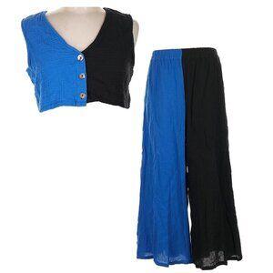 Fashion Brand Company Two Piece Set Top Pants Blue Black Tank Colorblock Pockets
